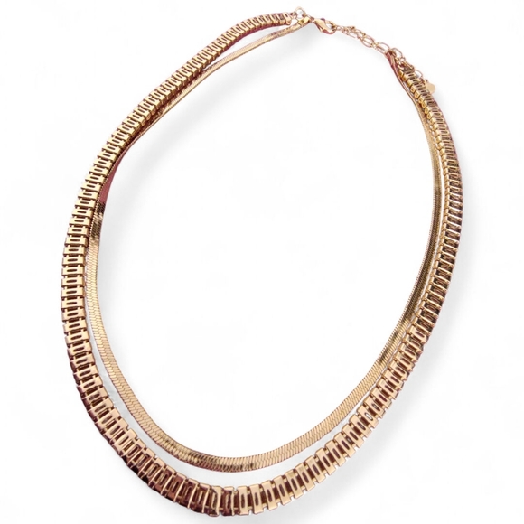 Elegant Gold Plated Double Chain Necklace with Sparkling Baguette Crystals - Picture 4 of 8